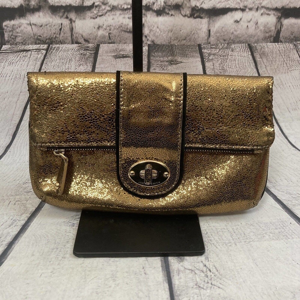 Jackie‎ Smith Gold Metallic Fold over Clutch Evening Bag 10 X 6